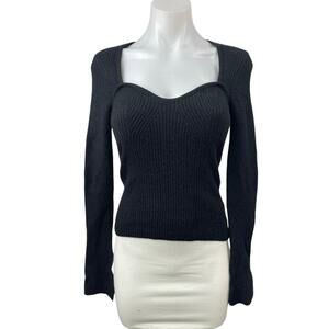 Caara Women's Black Ribbed Knit Sweetheart Long Sleeve Blouse Sweater Top Size S